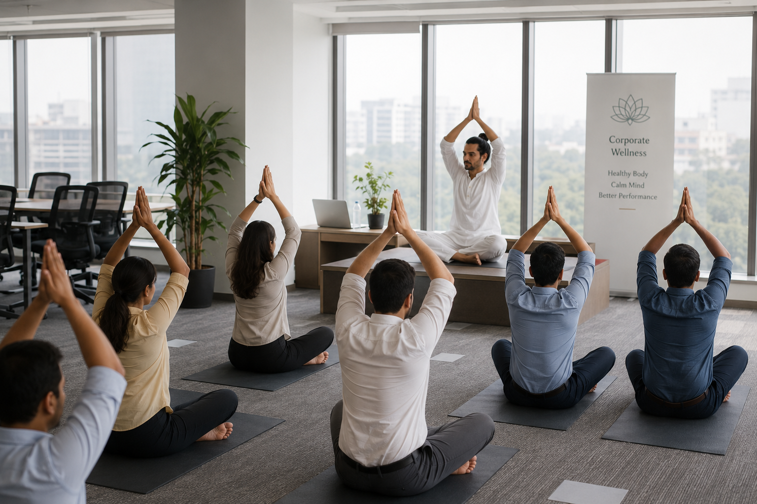 Group yoga session for a corporate team accessible, professional, and genuinely useful