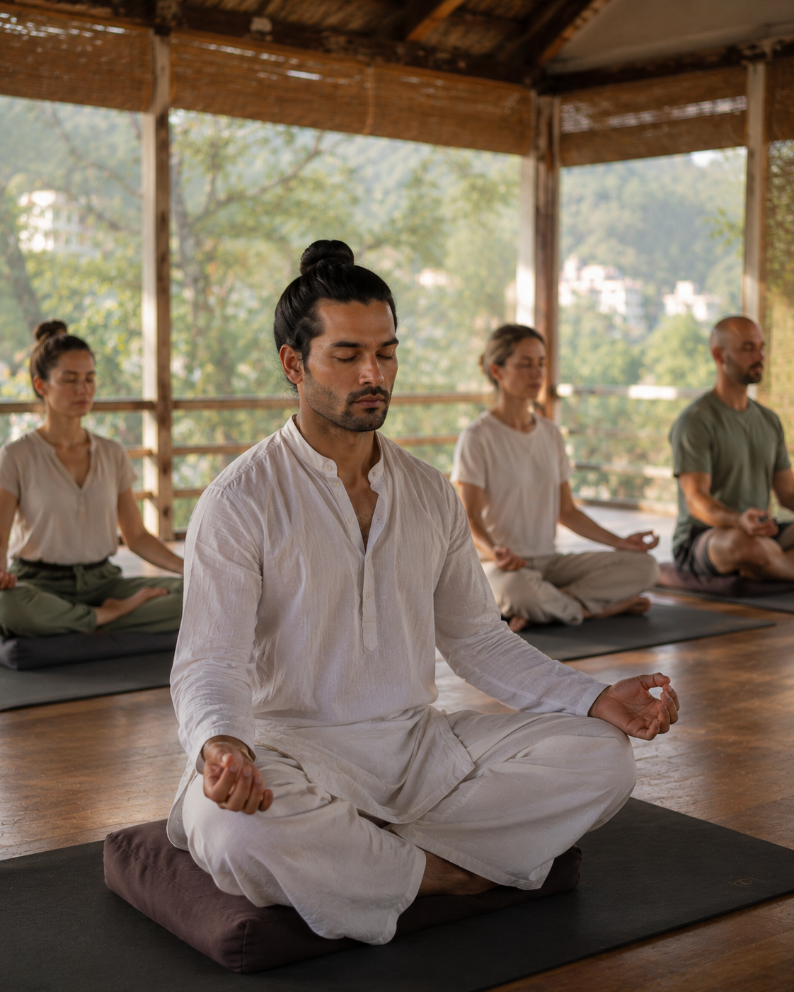 Student in seated meditation, upright and alert, eyes closed, in a calm Rishikesh setting