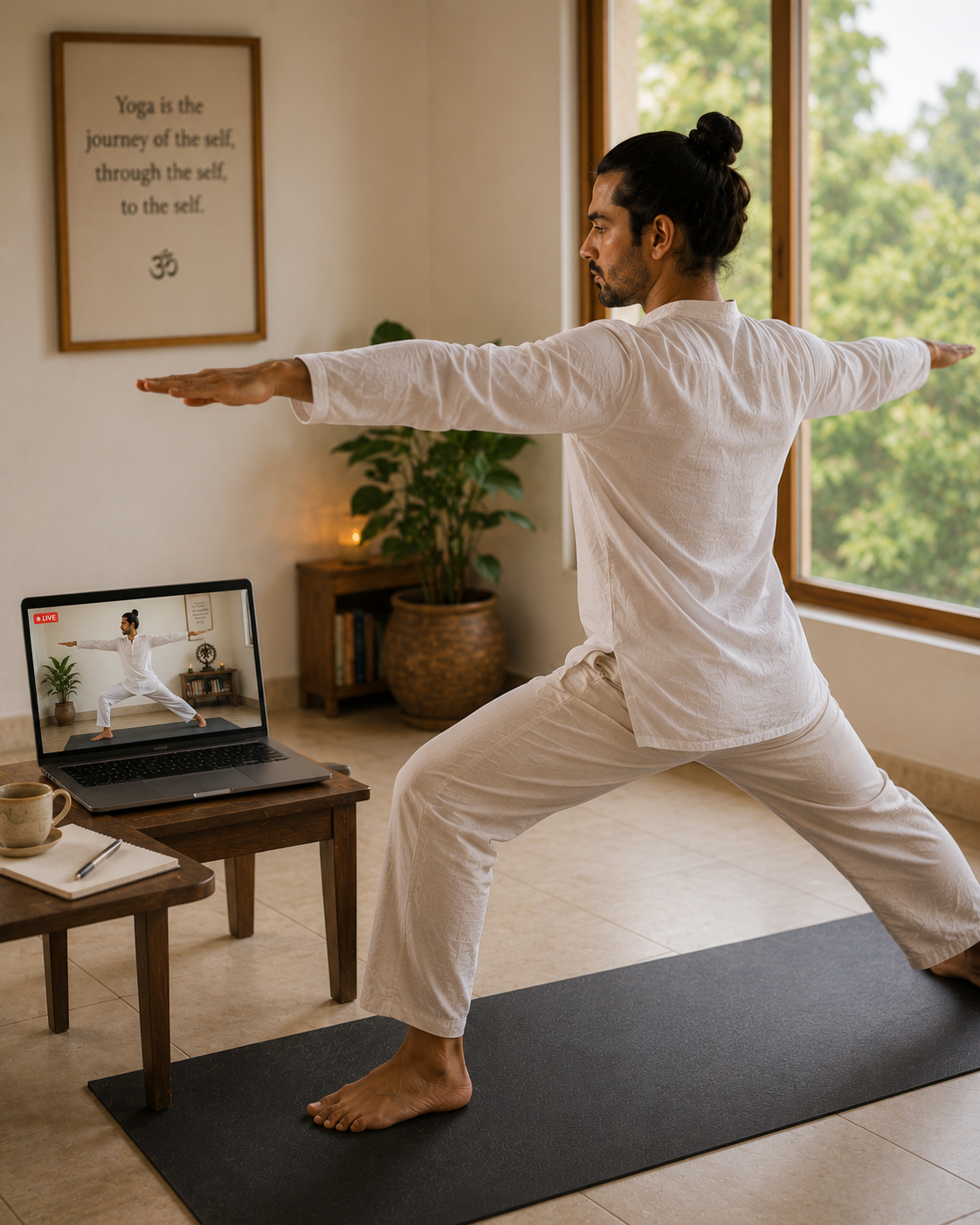 A student practicing a modified yoga pose at home while receiving real-time alignment feedback from a Seventh Center teacher via live video call