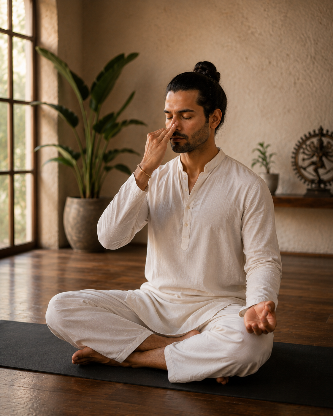 Pranayama practice in the mountains a student in seated breathing meditation with the Himalayan landscape